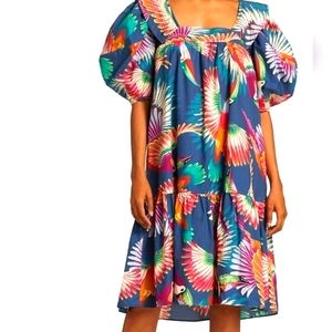 Farm Rio Toucan Puff Sleeve Midi Dress Tiered Square Neck Colorful Cotton Small